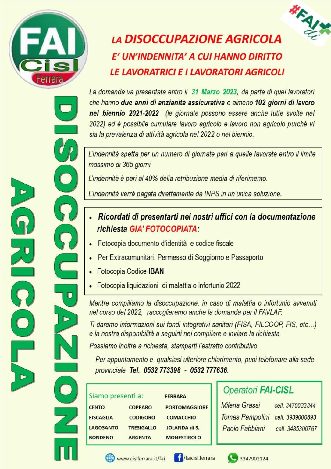 Disoccupazione Agricola Cisl Ferrara Confederazione Italiana